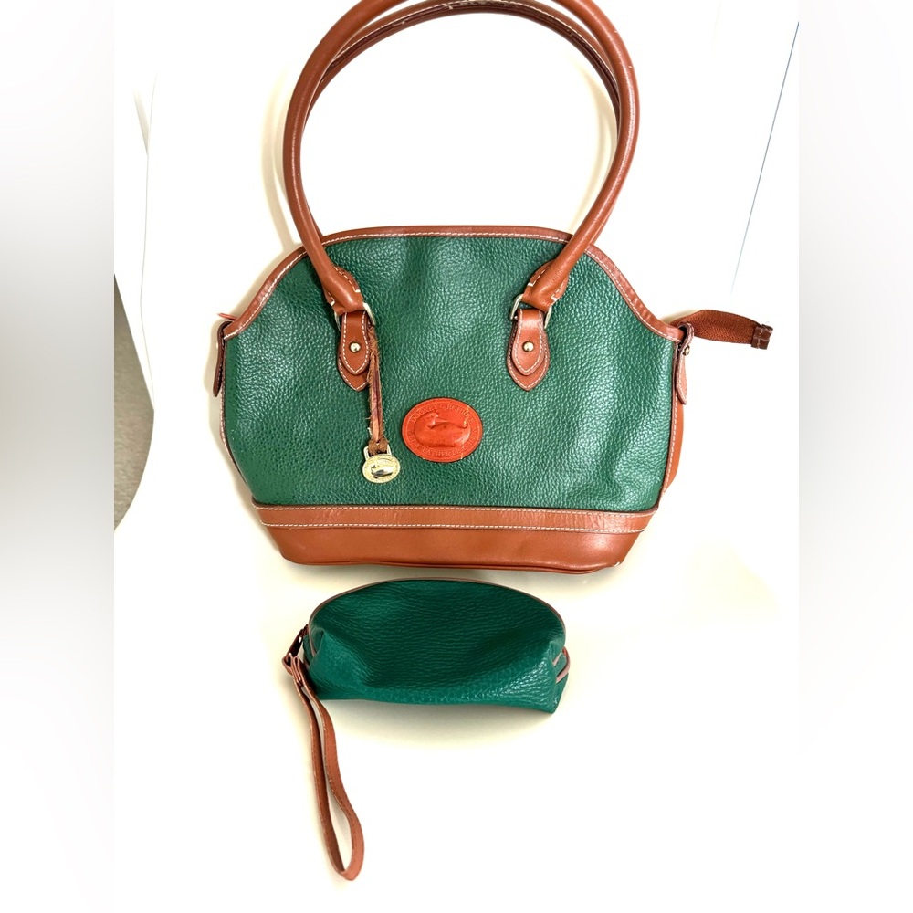 Vintage Green Dooney & Bourke All Weather Leather Satchel Handbag Matching Walle - Picture 2 of 11